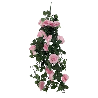 Hængende kunstige planter med lyserøde blomster og grønne blade